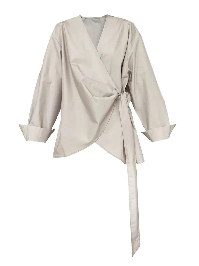 韩系不规则收腰绑带衬衫女春季休闲小众设计一片式上衣