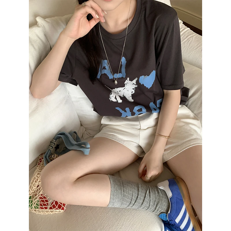 Miss sumeyY3819自制韩版印花圆领短袖t恤女时尚休闲百搭款式上衣