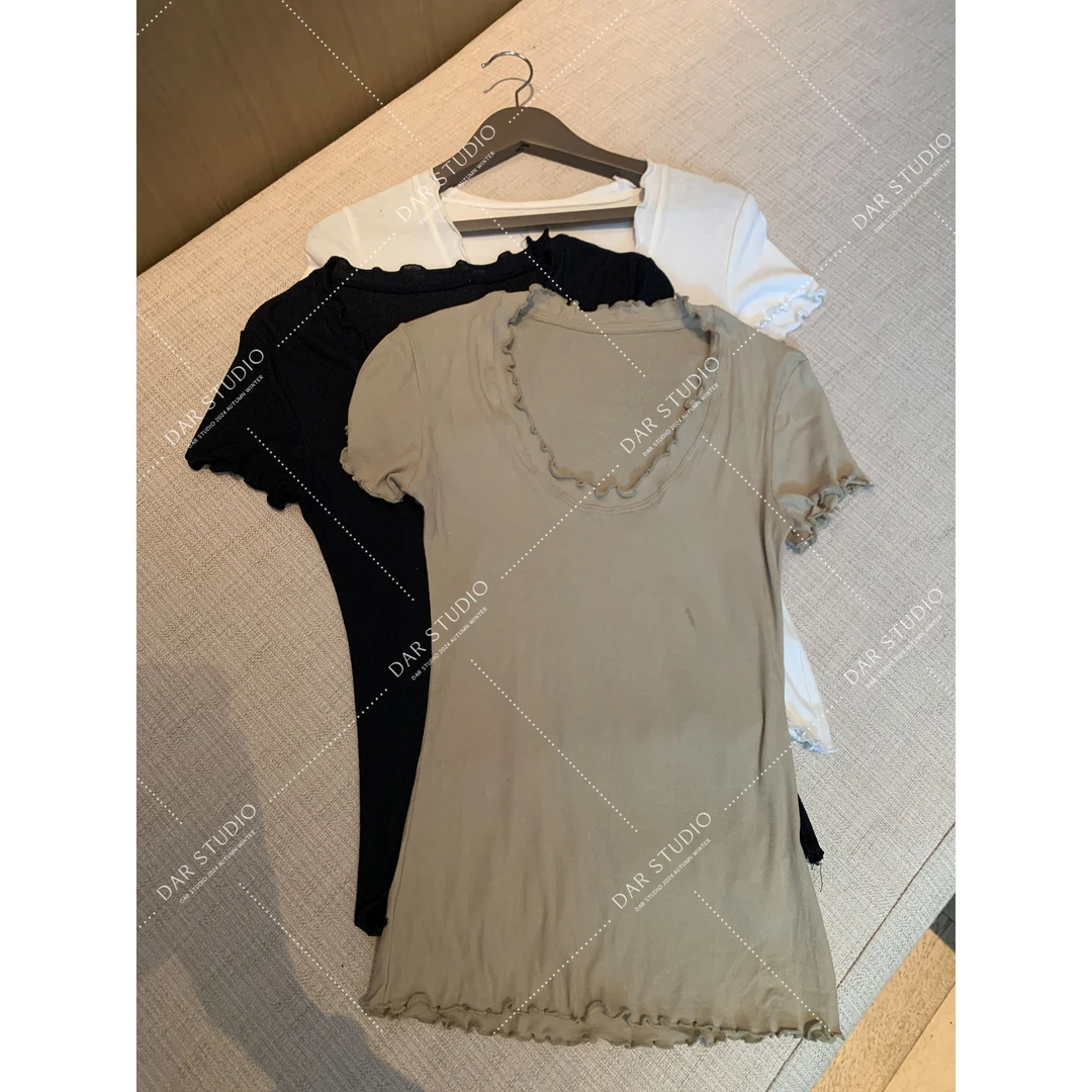 DAR STUDIO 深圳货【假日花絮】2025夏季新款花边低领短袖T恤25140