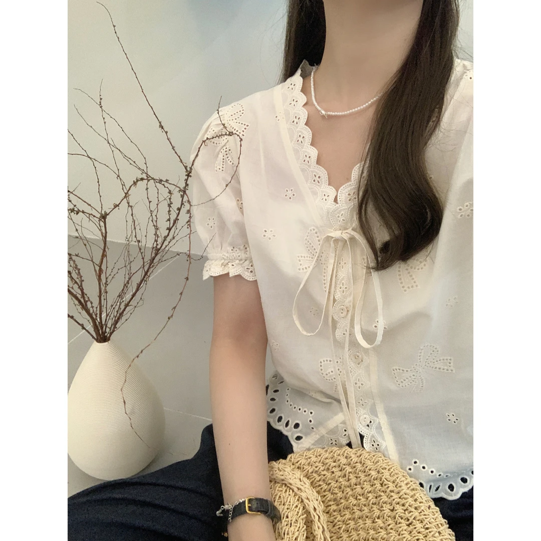 L-6650#高品质蝴蝶结刺绣蕾丝花边系带小衫