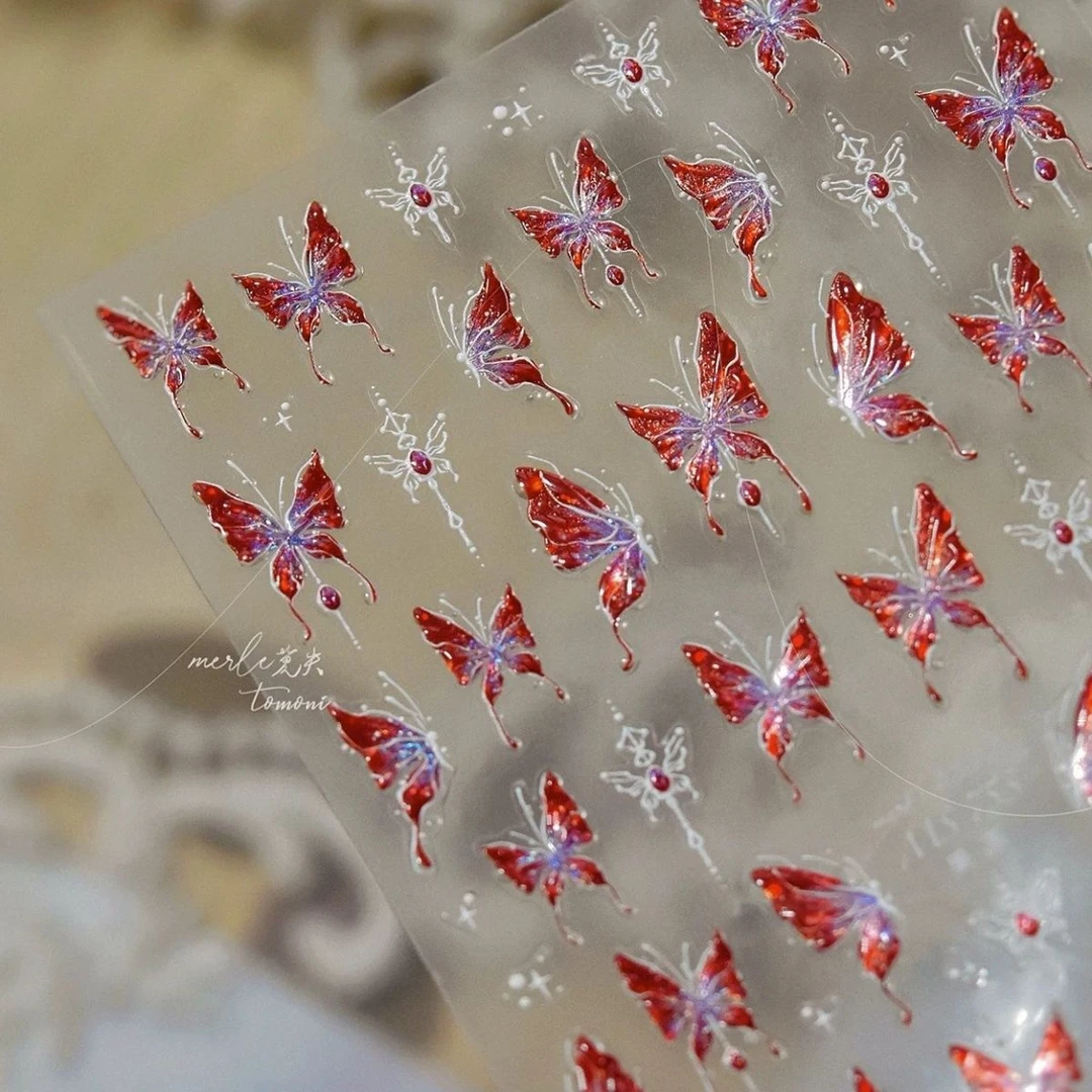 【新款贝壳光】嗜血蝴蝶美甲贴纸红色液态蝴蝶小众辣妹纯欲贴纸背胶