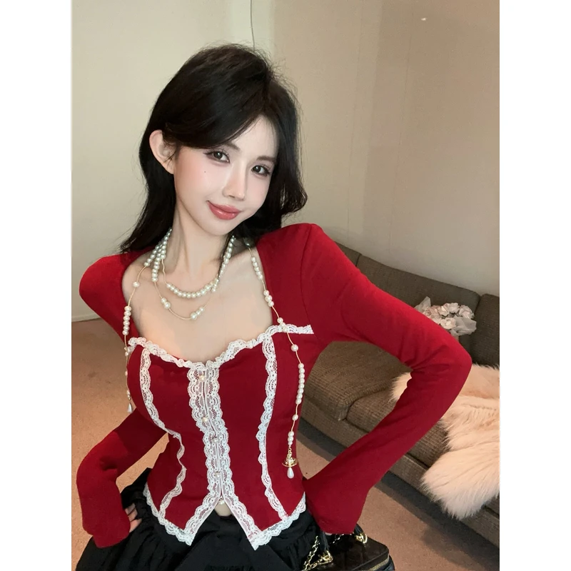 法式气质圣诞新年红蕾丝拼接加绒打底衫修身显瘦带胸垫内搭上衣女