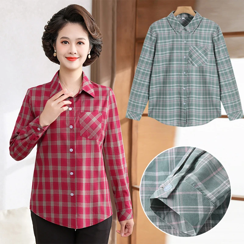 妈妈棉质衬衫女长袖大码春秋中老年婆婆夏季上衣格子衬衣女式外套
