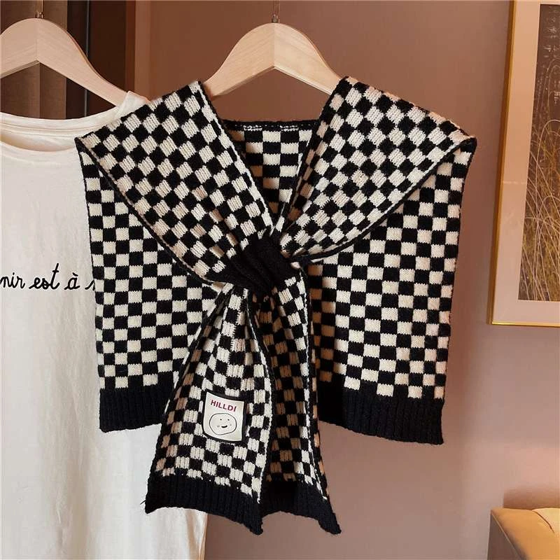 FAVMARTHA黑白棋盘格子简约新款针织交叉懒人披肩女韩版外搭保暖