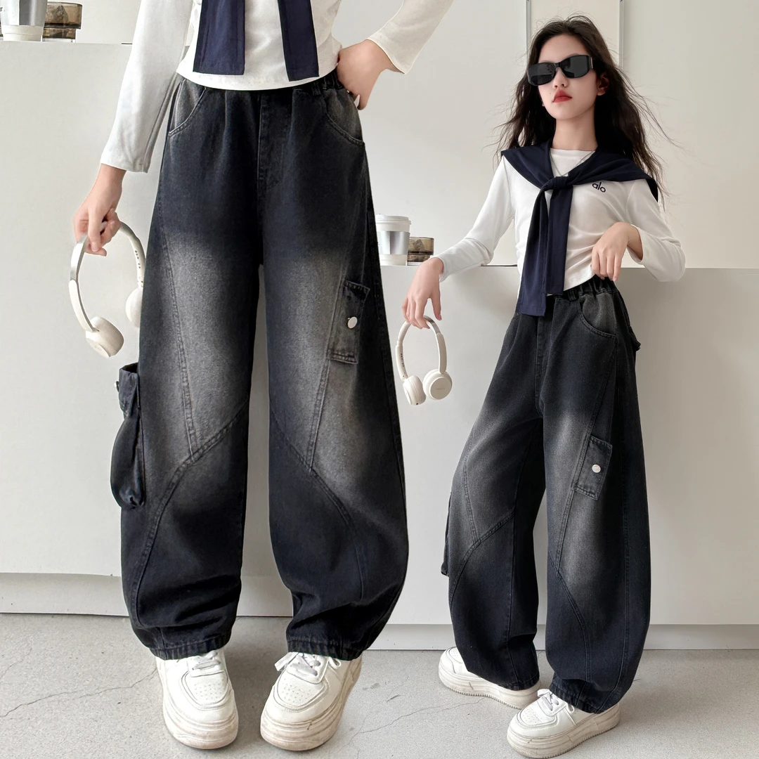 女童工装牛仔裤秋装2025新款儿童阔腿裤女孩大童春秋弯刀裤子宽松