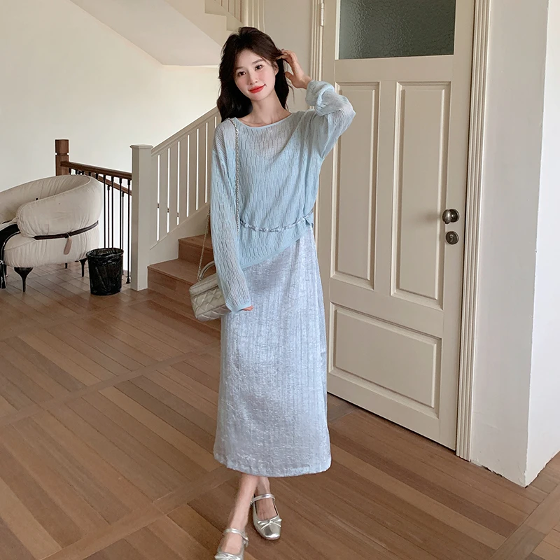 吊带裙宽松罩衫两件套女2025春新款韩版时尚百搭针织衫连衣裙套装