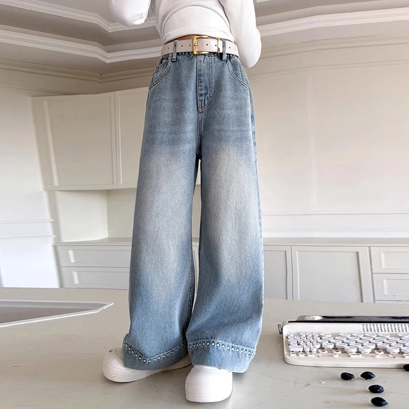 女大童浅色牛仔裤阔腿裤春季2025新款儿童直筒洋气女童裤子春秋款