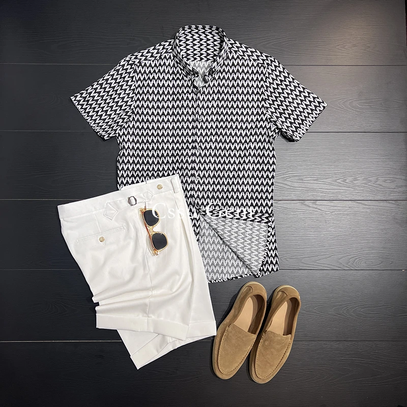 高定格纹 夏季长绒棉商务尖扣领短袖衬衫男士休闲抗皱免烫衬衣