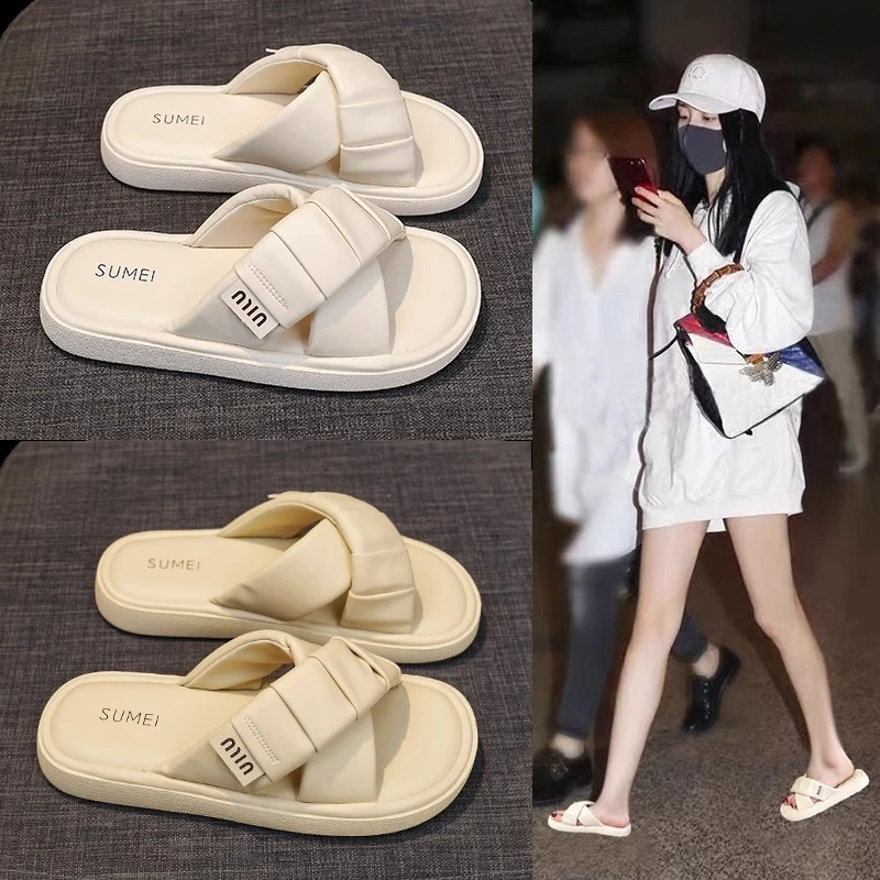 2025夏季新款交叉休闲平底学生拖鞋女外穿一字沙滩凉拖ins潮百搭