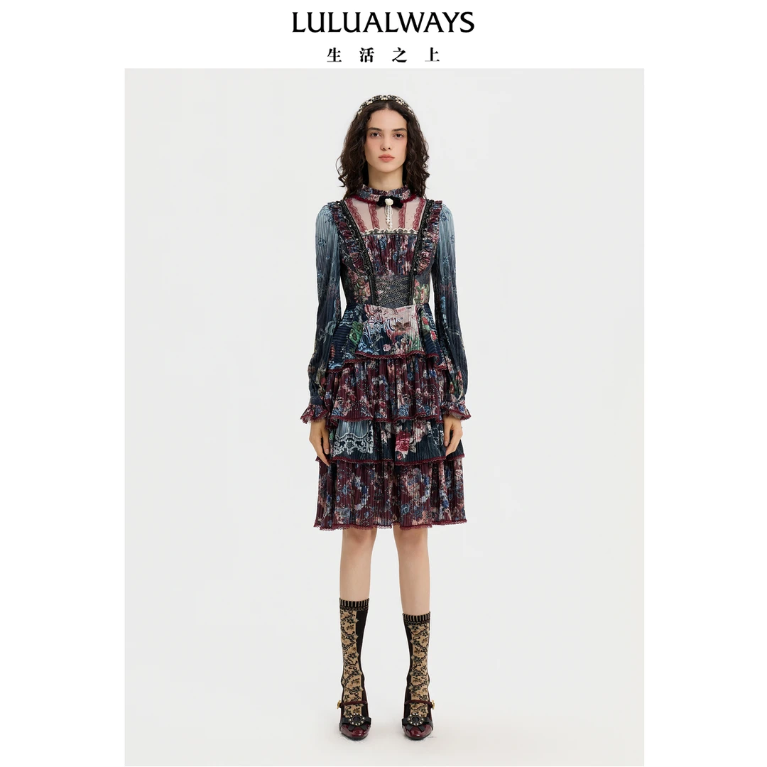 LULUALWAYS【商场同款】25冬季新款法式浪漫风荷叶边蛋糕裙连衣裙