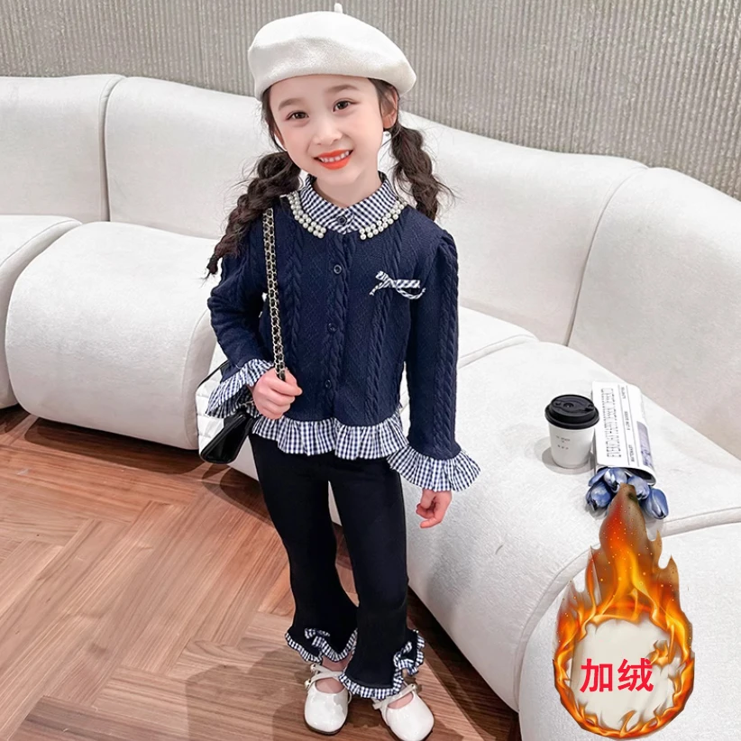 女童冬季加绒新款套装2025新款儿童洋气假两件上衣休闲裤两件套