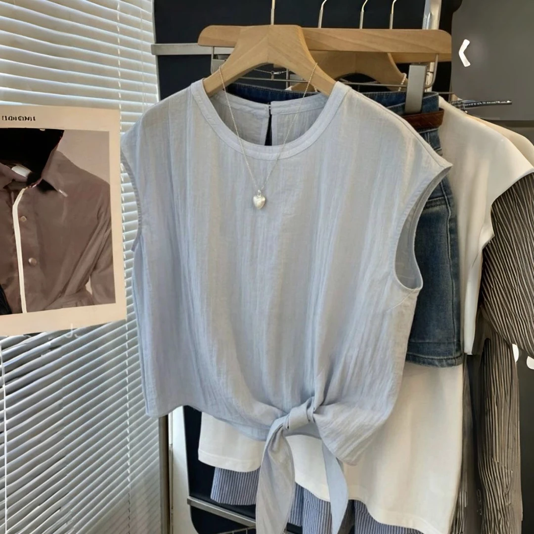 气质圆领下摆系带时髦纯色短袖衬衫女款小衫