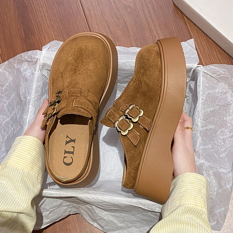 一脚蹬双扣带百搭勃肯鞋女2025春季新款外穿厚底增高包头半拖鞋潮