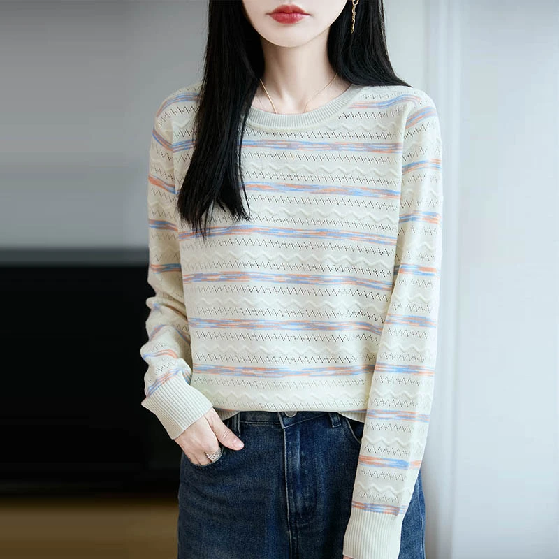 哥弟阿玛施官方新款圆领彩虹条纹针织衫秋季时尚洋气百搭长袖上衣
