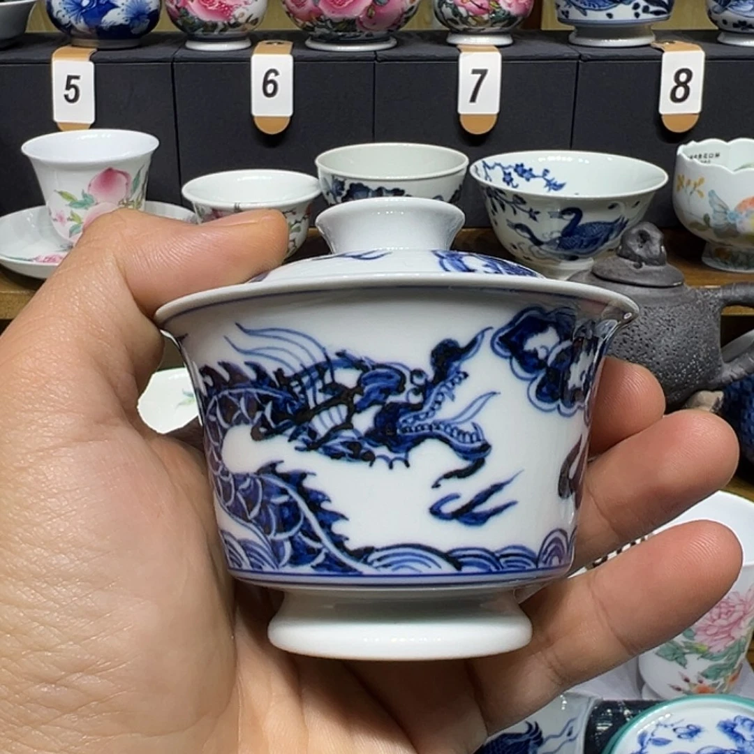 S***p青花手工鱼化龙盖碗