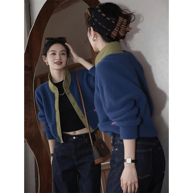 初冬独特漂亮洋气减龄高级感超好看今年流行小众蓝色拼接外套女款