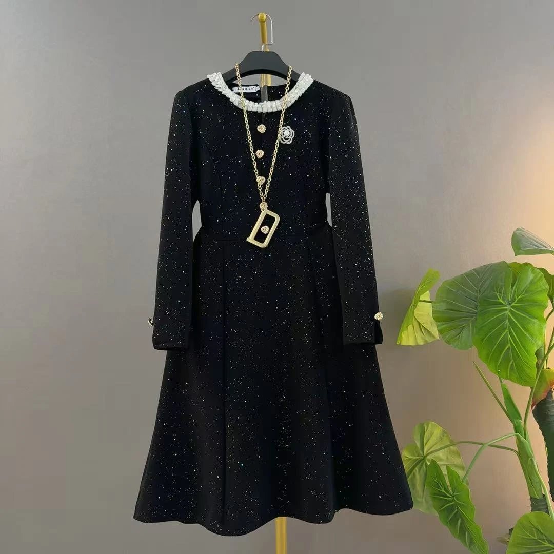 长裙收腰高腰显瘦法式连衣裙礼服轻奢黑色高级感胖mm战袍连衣裙