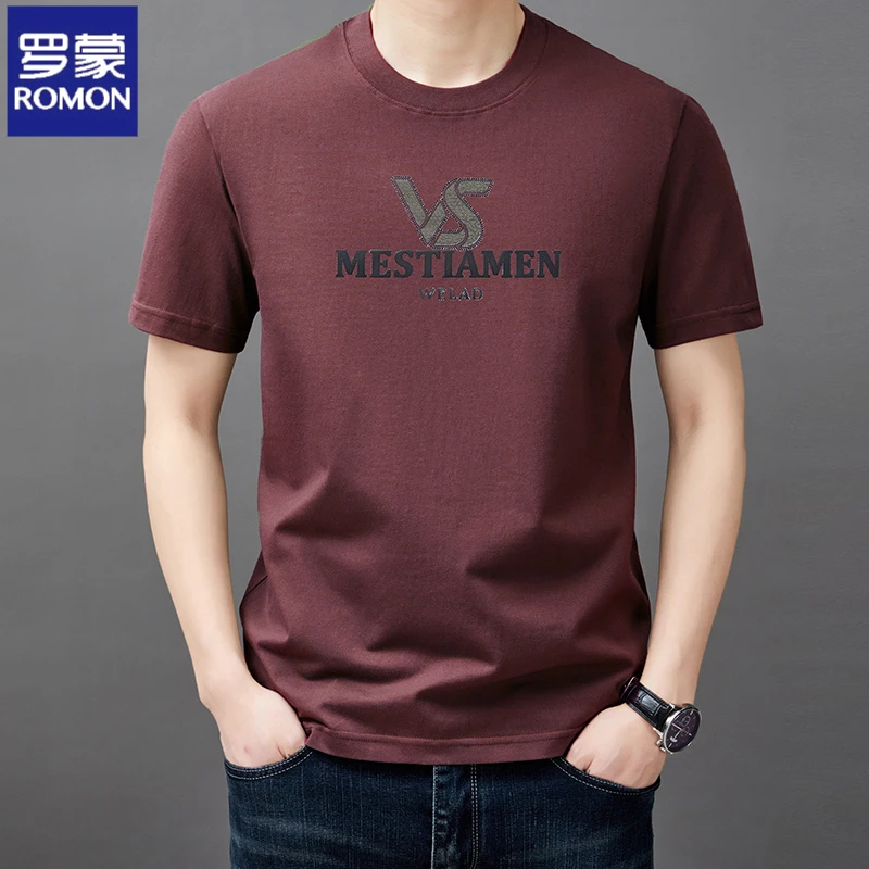 罗蒙纯棉短袖T恤男士夏季凉感潮流字母印花圆领宽松上衣打底衫