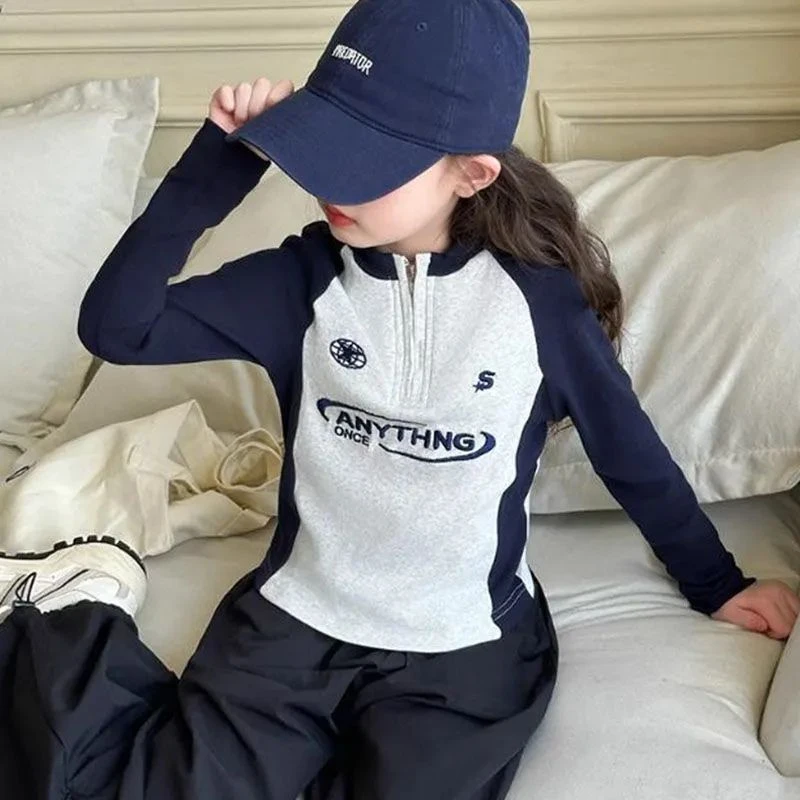 新店福利棉质女童2025新款春秋美式字母打底儿童休闲修身长袖