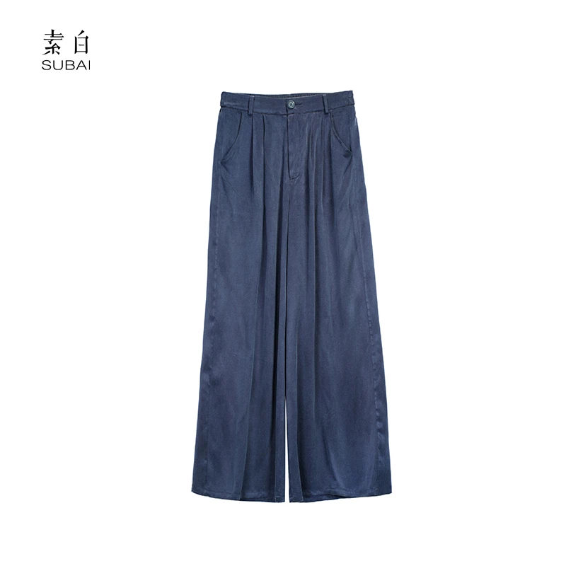 素白【花青】高腰松紧显瘦铜氨丝直筒阔腿拖地裤SB2504K01398
