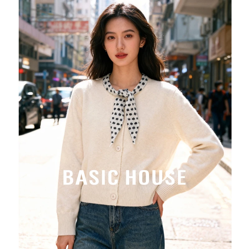 Basic House/百家好复古针织开衫毛衣波点飘带设计25秋冬氛围上衣