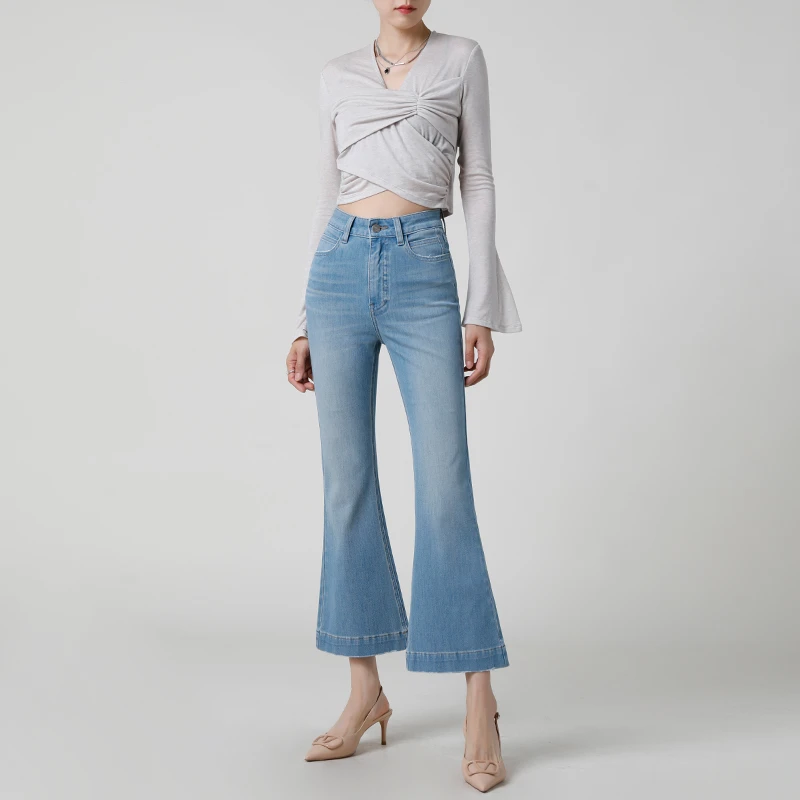 韩系休闲 | 高腰微喇牛仔裤女2025夏季薄款显瘦小个子八九分喇叭