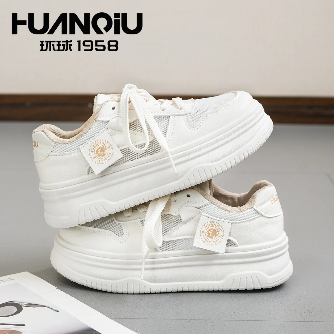 HUANQIU/环球新款夏季网面休闲鞋舒适透气板鞋百搭时尚厚底小白鞋