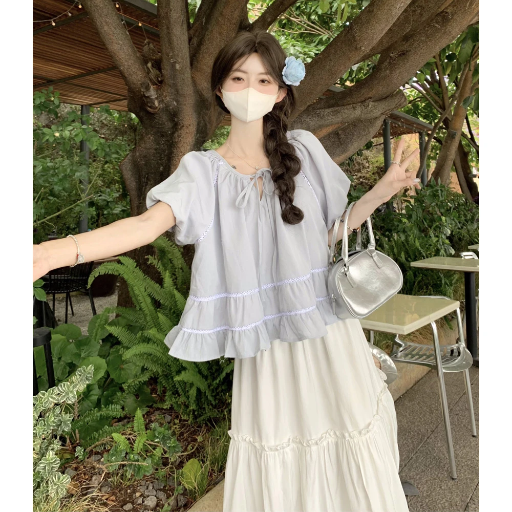 2025夏季韩版甜美泡泡袖荷叶边衬衫系绳圆领宽松设计感娃娃上衣