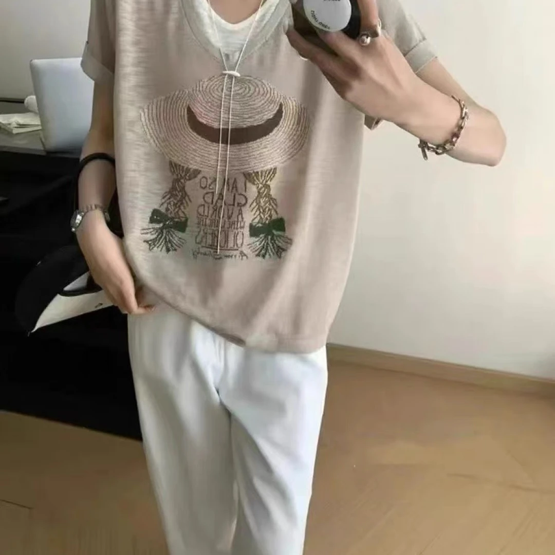 2025年夏季新款v领撞色假两件百搭时尚小草帽针织衫短袖上衣T恤女