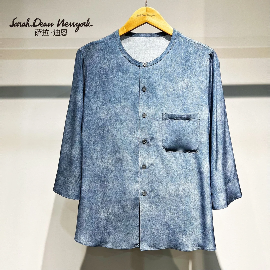 【萨拉迪恩】桑蚕丝圆领长袖时尚气质设计师衬衫