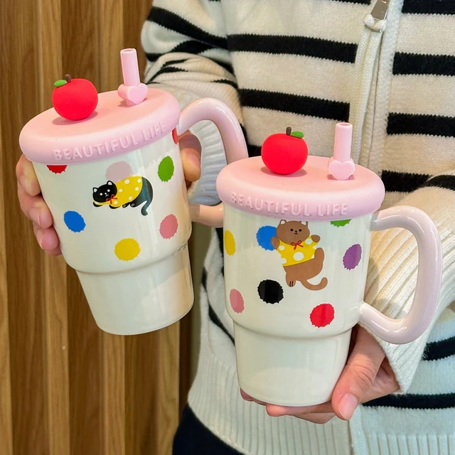 少女心撞色猫咪吸管水杯可爱陶瓷马克杯情侣咖啡杯子女生生日礼物