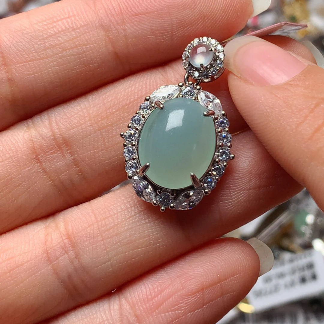 翡翠戒指银S925镶嵌天然翡翠吊坠