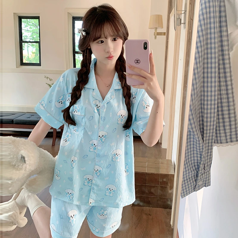 蓝色小狗两件套卡通日系学生爽肤云朵棉睡衣女夏季短袖可爱家居服