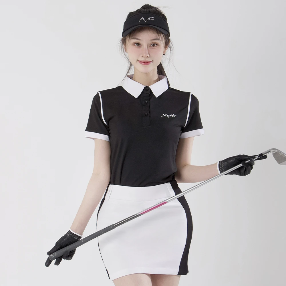 夏季款女装短袖Polo衫撞色修身弹力速干休闲运动高尔夫服套装上衣