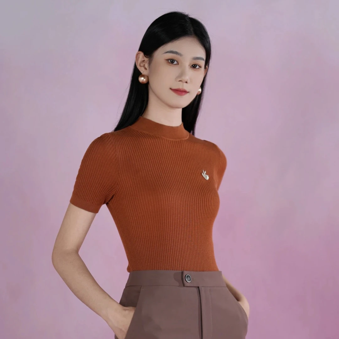 哥弟/GIRDEAR短袖落肩袖毛针织衫半高领针织衫打底衫修身1399715