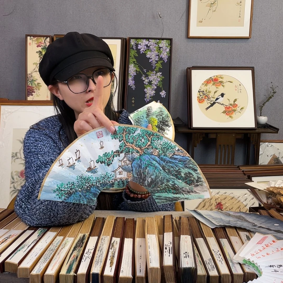 大***树国画6寸玉竹-纯手绘-文玩扇骨（默认粘好）