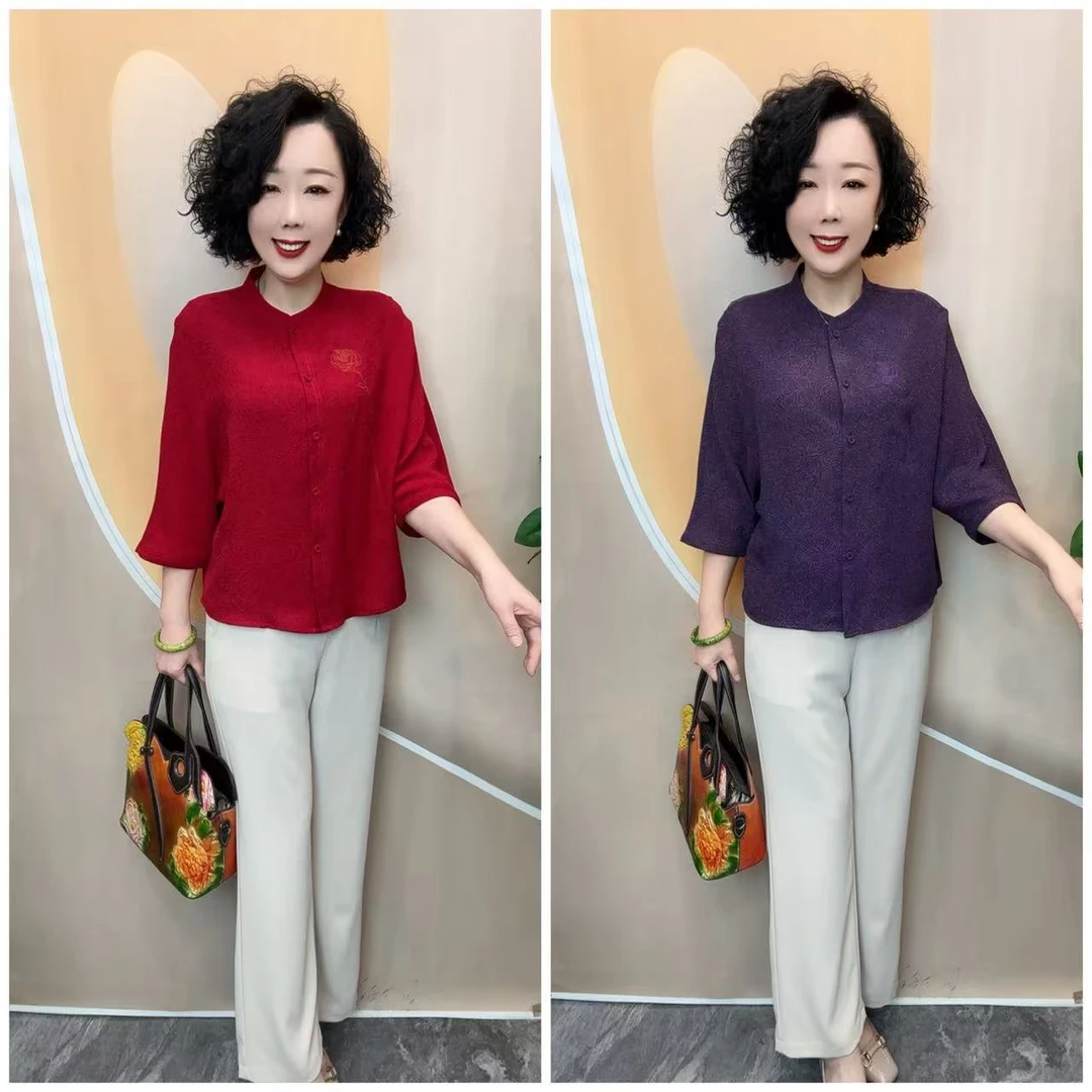 2512夏薄款定位绣花时尚精品中老年开衫衬衫上衣，衣长62