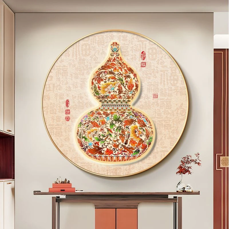 葫芦装饰画圆形百福图玄关寓意入户挂画走廊过道中式餐厅大气壁画