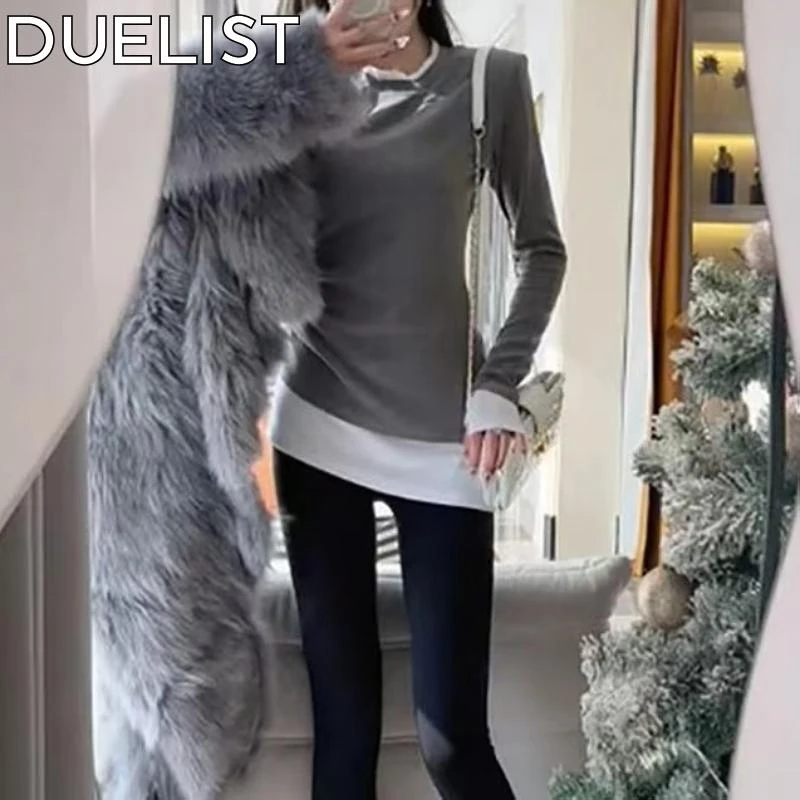 DUELIST纯棉假两件磨毛内搭打底衫秋季新款中长版搭配鲨鱼裤上衣