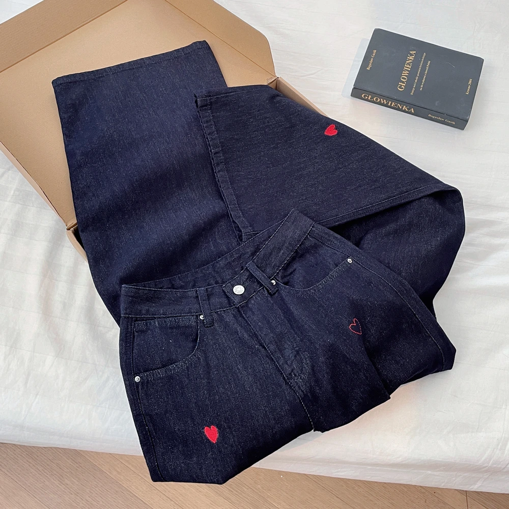 韩版chic爱心刺绣牛仔裤女春款高腰窄版直筒裤小个子休闲拖地长裤