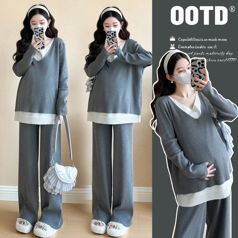 【甜甜】2025春季孕妈大码假两件拼接针织慵懒气质宽松套装#3023