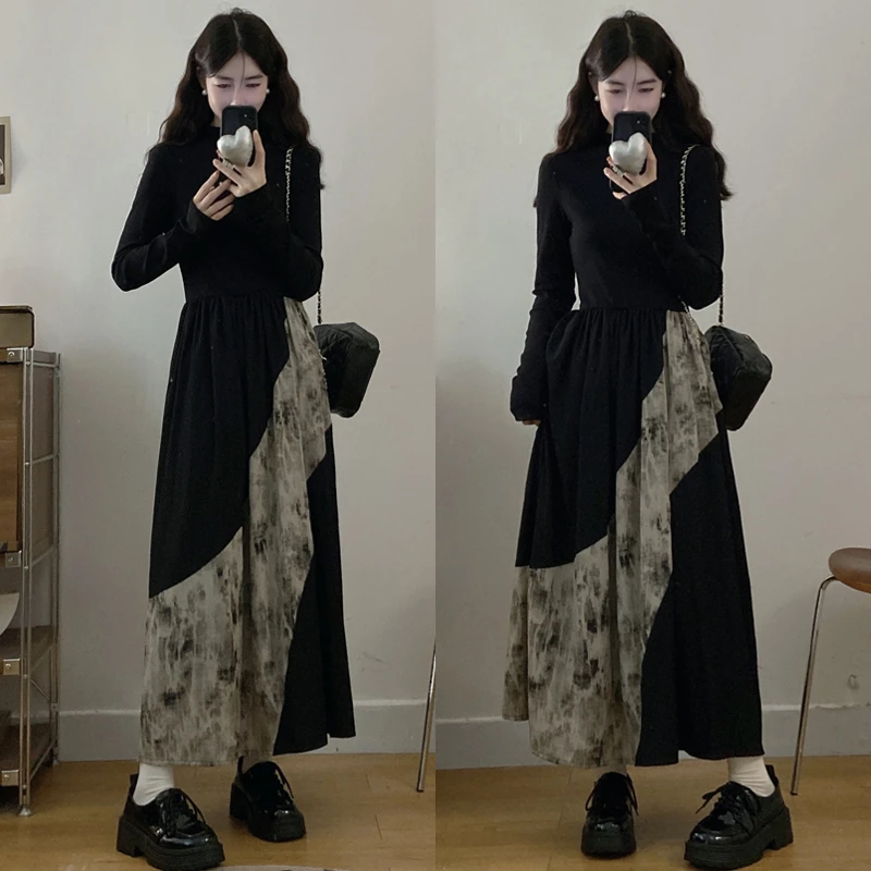 大码胖mm新款显瘦清冷风气质长裙圆领长袖针织拼接连衣裙女