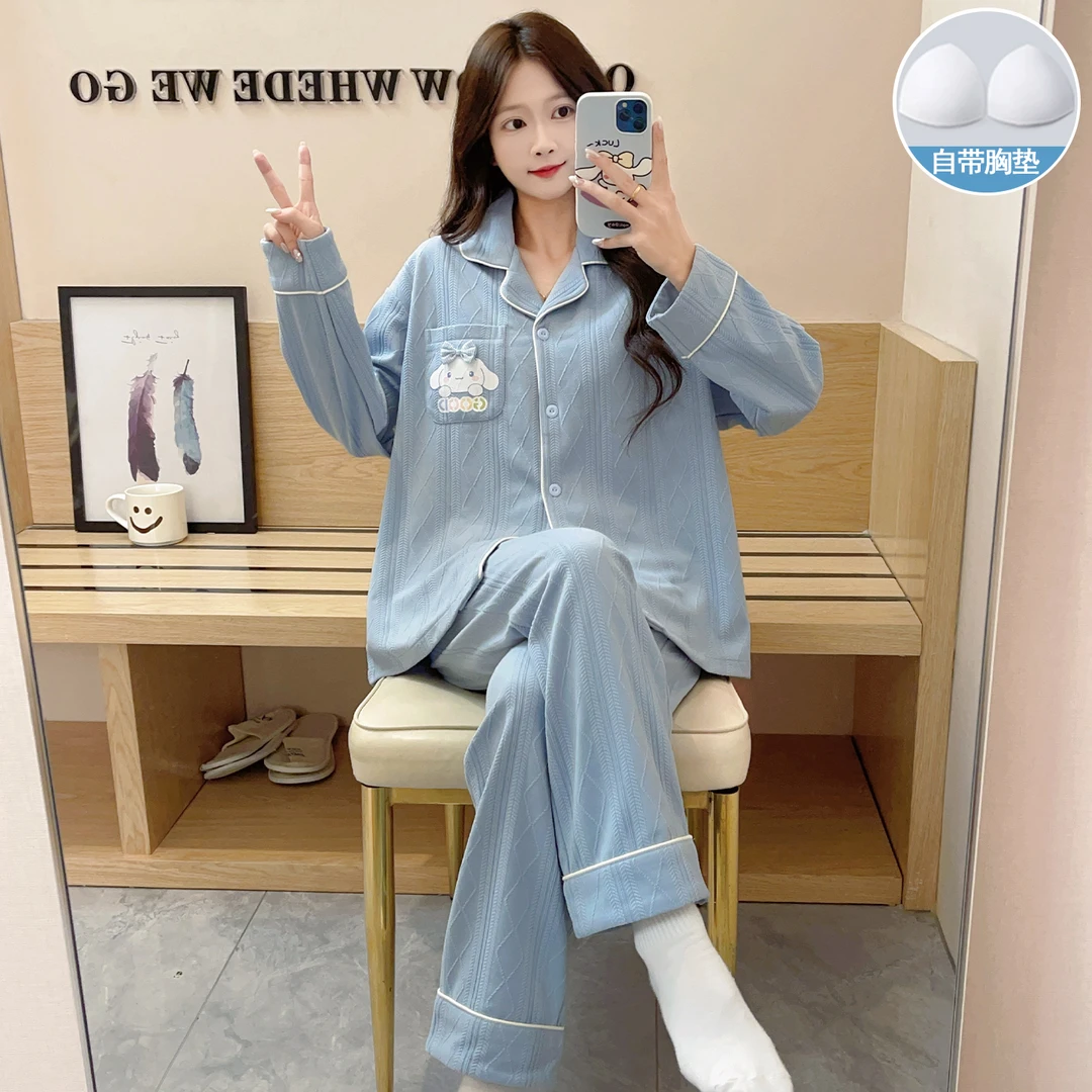 可爱卡通秋冬季长袖长裤一体式胸垫可外穿少女网红爆款家居服套装