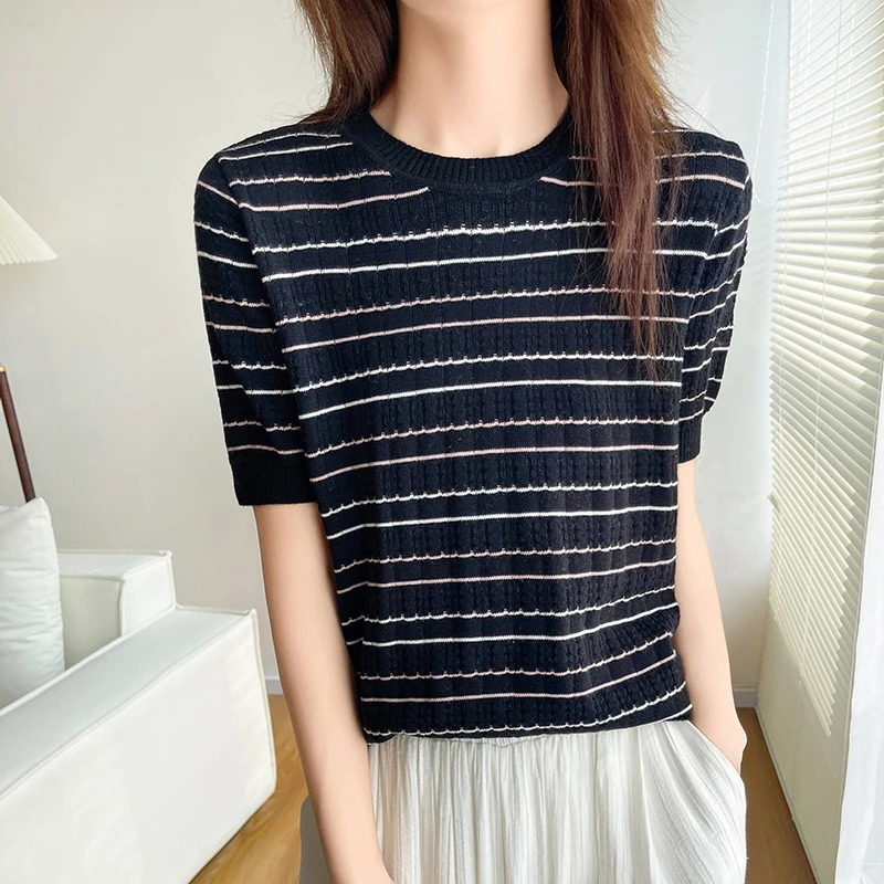 【100%棉】2025新款虚线间色圆领短袖上衣休闲百搭