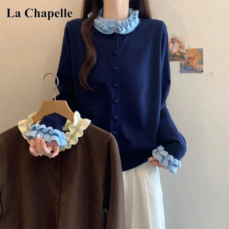 拉夏贝尔胖MM大码秋冬新款洋气高级感显瘦木耳花边针织开衫外套女