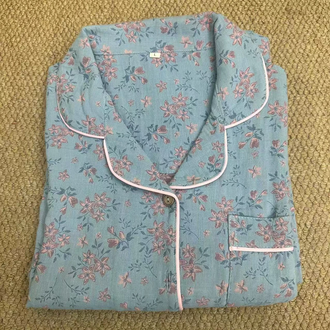 蓝紫双花-100%全棉双层纱梭织提花睡衣套装