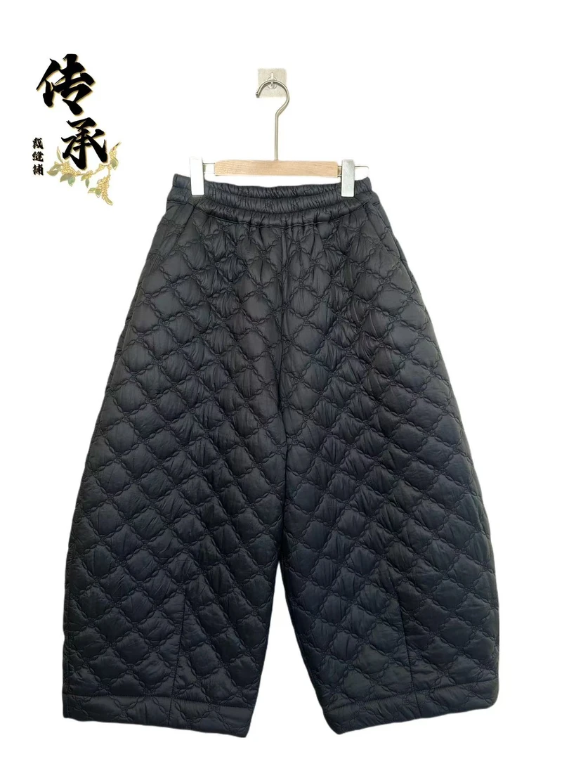 （菱形格加厚棉裤）八分裤时尚裤休闲裤微弹外穿宽松阔腿裤提花冬季