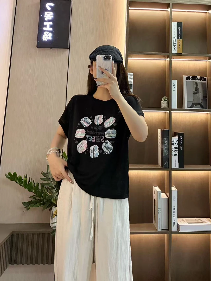 8509夏季新款韩版设计感小众彩虹涂鸦印花百搭短袖上衣