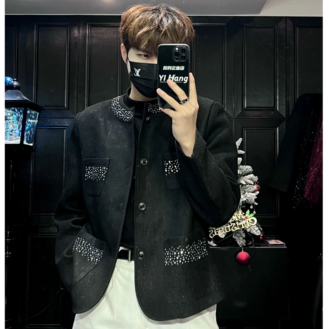 L-YIHANG【25春】高级感轻奢定制亮钻圆领垫肩宽松小香男1015