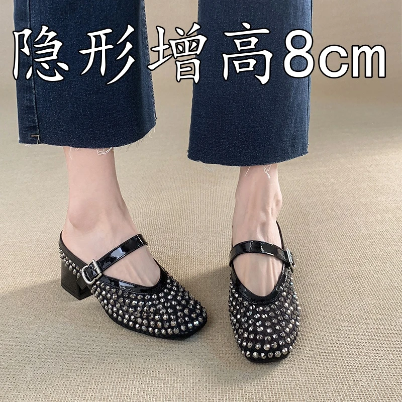 《福发发专属》8厘米3334码流光网纱水钻网面透气扣带包头半拖鞋女